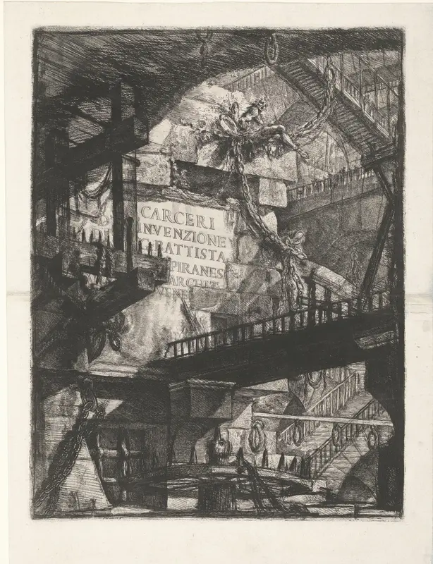 Titelprent met gezicht in kerker en titel op muur Wall Art by Giovanni Battista Piranesi - High-Resolution Digital Print
