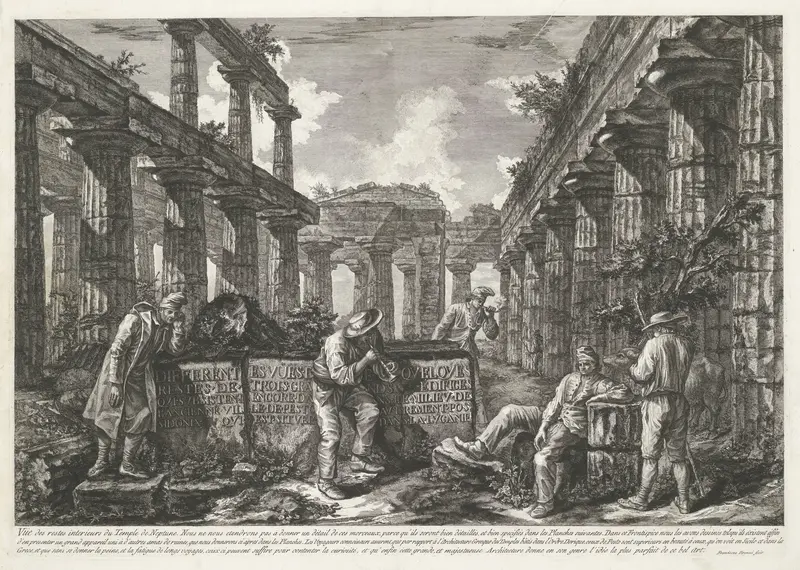 Titelprent met resten van de Tempel van Neptunus te Paestum met titel op blokken Wall Art by Unknown - High-Resolution Digital Print
