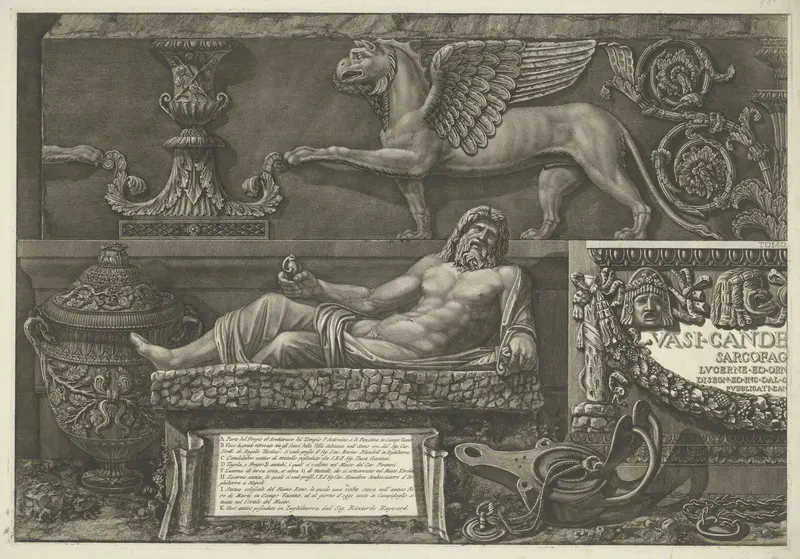 Titelprent met sculpturen, gebeeldhouwde reliëfs en een sarcofaag met titel (linker deel) Wall Art by Giovanni Battista Piranesi - High-Resolution Digital Print