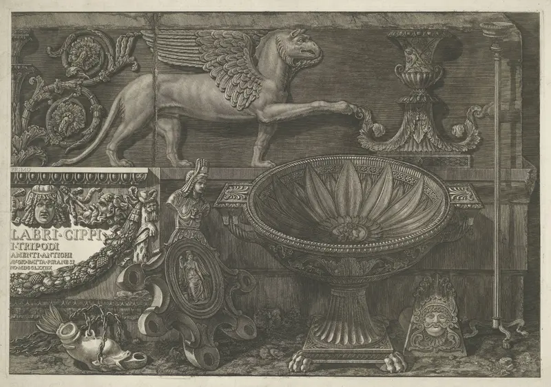 Titelprent met sculpturen, gebeeldhouwde reliëfs en een sarcofaag met titel (rechter deel) Wall Art by Giovanni Battista Piranesi - High-Resolution Digital Print