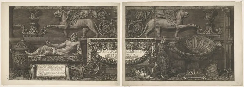 Titelprent met sculpturen, gebeeldhouwde reliëfs en een sarcofaag met titel Wall Art by Giovanni Battista Piranesi - High-Resolution Digital Print
