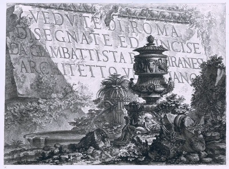 Titelprent met tekst op marmeren blok in landschap met ruïnes en fontein Wall Art by Unknown - High-Resolution Digital Print