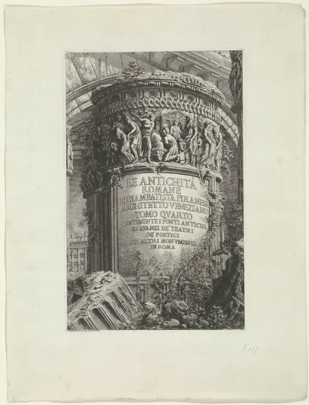 Titelprent met titel op een zuil en bouwfragmenten Wall Art by Unknown - High-Resolution Digital Print