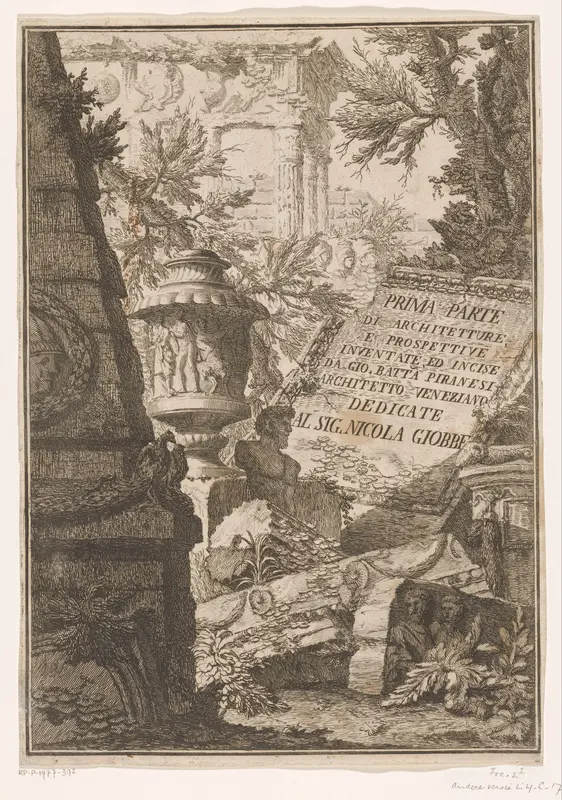 Titelprent met titel op marmeren blok in een landschap met ruïnes Wall Art by Unknown - High-Resolution Digital Print