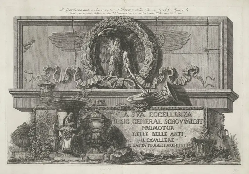 Titelprent met vazen, gebeeldhouwde reliëfs en marmeren blok met inscriptie Wall Art by Unknown - High-Resolution Digital Print