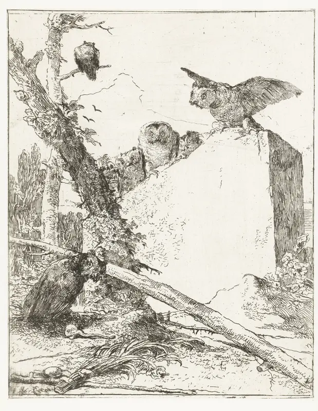 Titelprent voor Scherzi di fantasia met uilen bij een steen Wall Art by Giovanni Battista Tiepolo - High-Resolution Digital Print