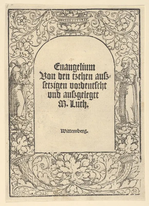 Title-Border with a Hermit and a Nun, Vase of Fruit, a Mask and Cornucopias Wall Art by Hans Cranach - High-Resolution Digital Print