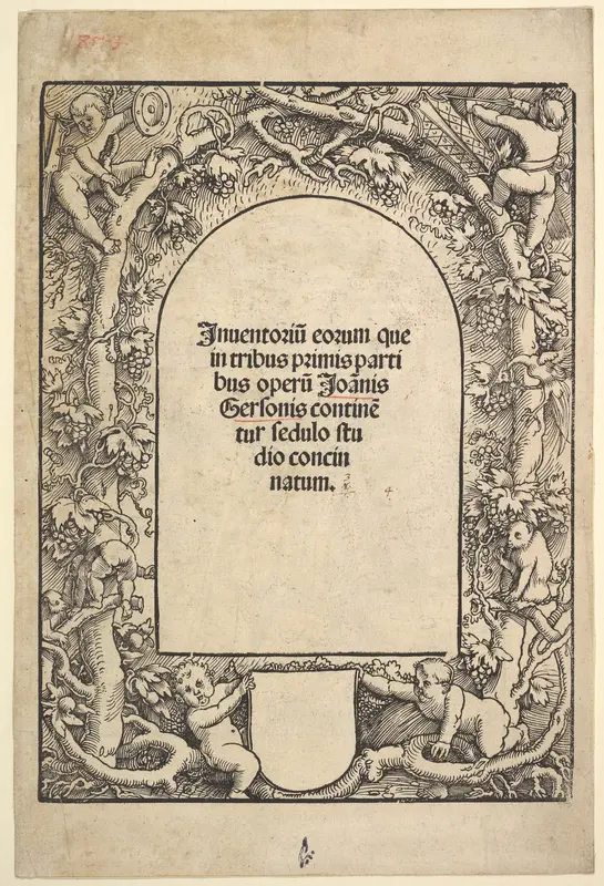 Title Border with Five Genii and a Monkey Wall Art by Hans Baldung (called Hans Baldung Grien) - High-Resolution Digital Print