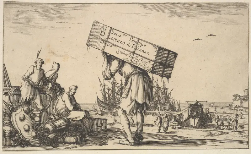 Title page: a man carrying a case on his back in center, three men looking towards him on left, Medici coat of arms on ground to left, various boats and figures to right in the background, from "Set of eight nautical landscapes" (Suite de huit Marine Wall Art by Stefano della Bella - High-Resolution Digital Print