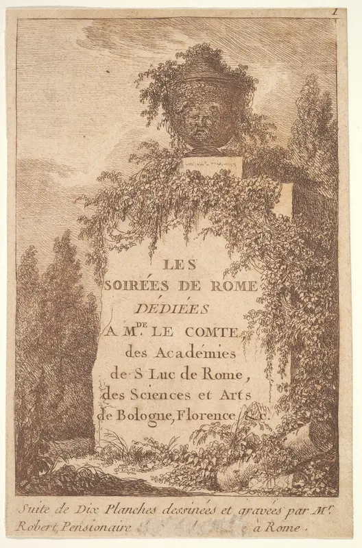 Title page: a wall in center surrounded by ruins and poplar trees, surmounted by a vase decorated with the head of a satyr, from "Les soirées de Rome" Wall Art by Hubert Robert - High-Resolution Digital Print