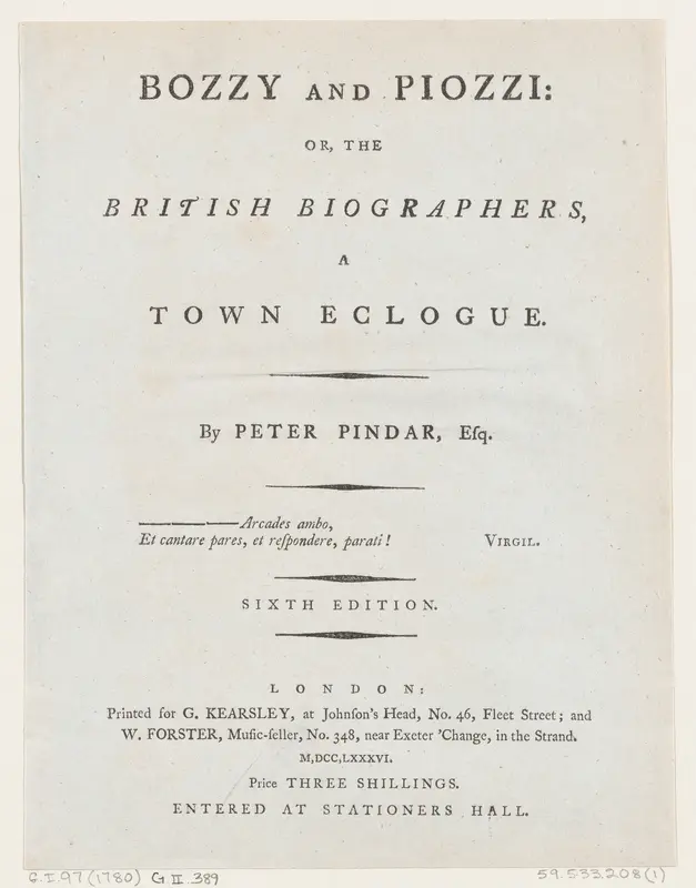 Title Page, from Bozzy and Piozzi by Peter Pindar, Esq. Wall Art by George Kearsley - High-Resolution Digital Print