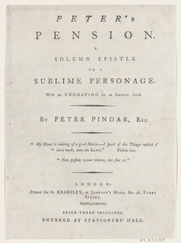 Title page, from Peter's Pension by Peter Pindar, Esq. Wall Art by George Kearsley - High-Resolution Digital Print