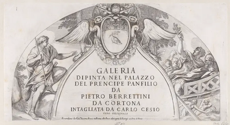 Title page to "Galleria Dipinta nel Palazzo del Prencipe Panfilio" after the ceiling frescoes by Pietro da Cortona depicting the history of Aeneas in the Palazzo Pamphili, Rome Wall Art by Carlo Cesi - High-Resolution Digital Print