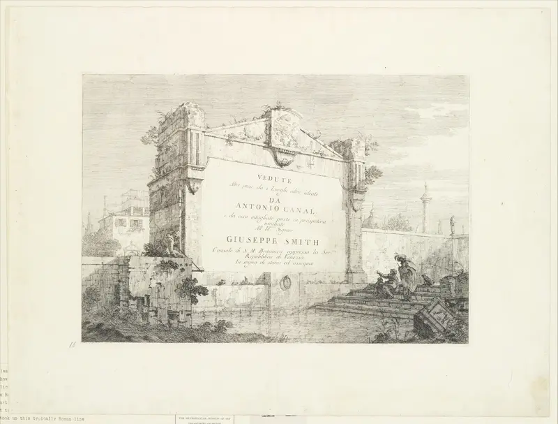 Title page with a large wall of a classical ruin, with a figure seated at right pointing to the dedication, from "Views" (Vedute altre prese da i luoghi altre ideate da Antonio Canal)