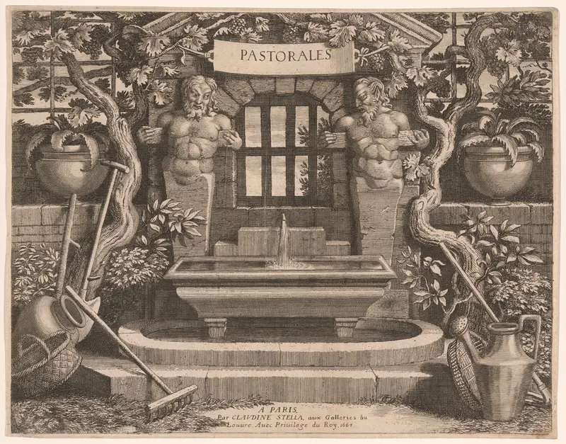 Title Plate with Rustic Fountains and Dedication, from Pastorales Wall Art by Claudine Bouzonnet-Stella - High-Resolution Digital Print