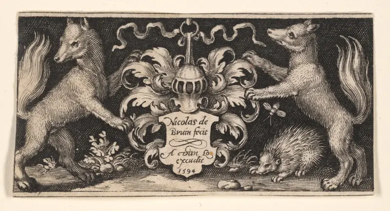Title Plate with Two Foxes, from Fighting Chimeras and Scenes from Aesop's Fables Wall Art by Nicolaes de Bruyn - High-Resolution Digital Print