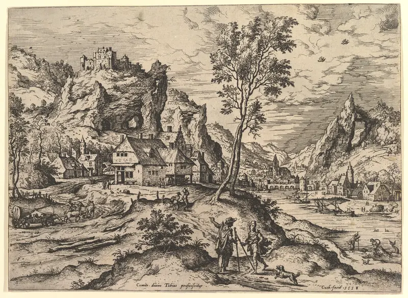 Tobit, from "Landscapes with Biblical and Mythological Scenes" Wall Art by Hieronymus Cock - High-Resolution Digital Print
