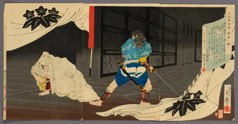 Tokimune (Soga Goro) Sneaking into Yoritomo's Residence (Tokimune Kamakura-dono no kariya o sawagasu)