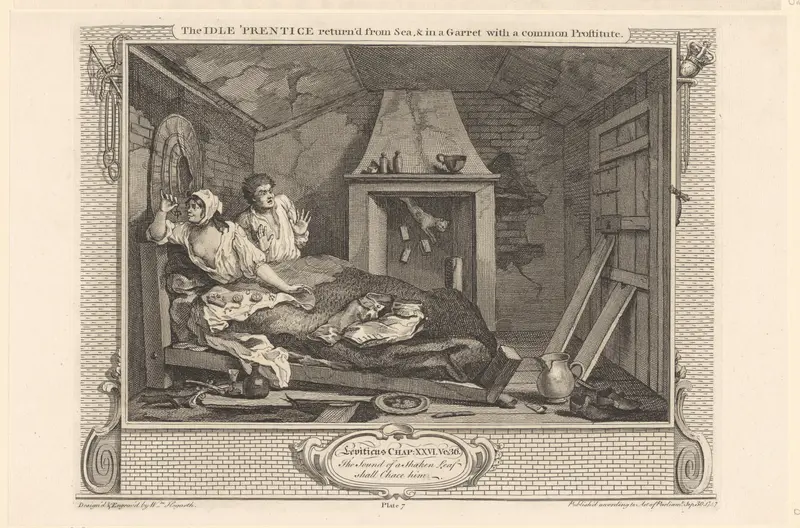 Tom Idle ligt in bed met een prostituée en schrikt omdat er een kat uit de schoorsteen valt Wall Art by Unknown - High-Resolution Digital Print