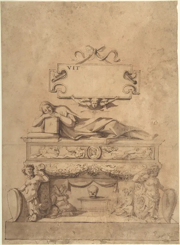 Tomb Design with Reclining Figure on Sarcophagus Wall Art by Anonymous, Italian, 16th century - High-Resolution Digital Print