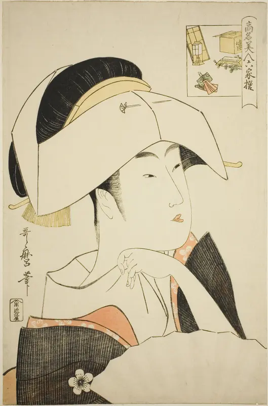 Tomimoto Toyohina, from the series Renowned Beauties Likened to the Six Immortal Poets (Komei bijin rokkasen) (Tomimoto Toyohina) (picture-riddle) Wall Art by Kitagawa Utamaro - High-Resolution Digital Print