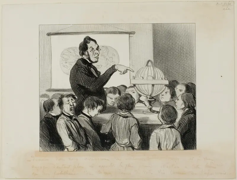 "- Tomorrow we will study Saturn. I want you to pay special attention to this great planet.... which in all likelihood you will never in your life have the opportunity to see!," plate 18 from Professeurs Et Moutards