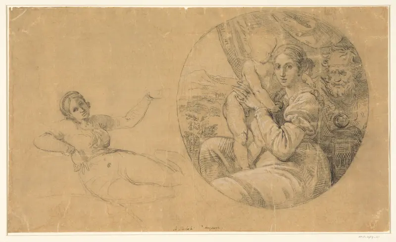 Tondo met Heilige Familie; daarnaast een studie van een liggende vrouw Wall Art by Unknown - High-Resolution Digital Print