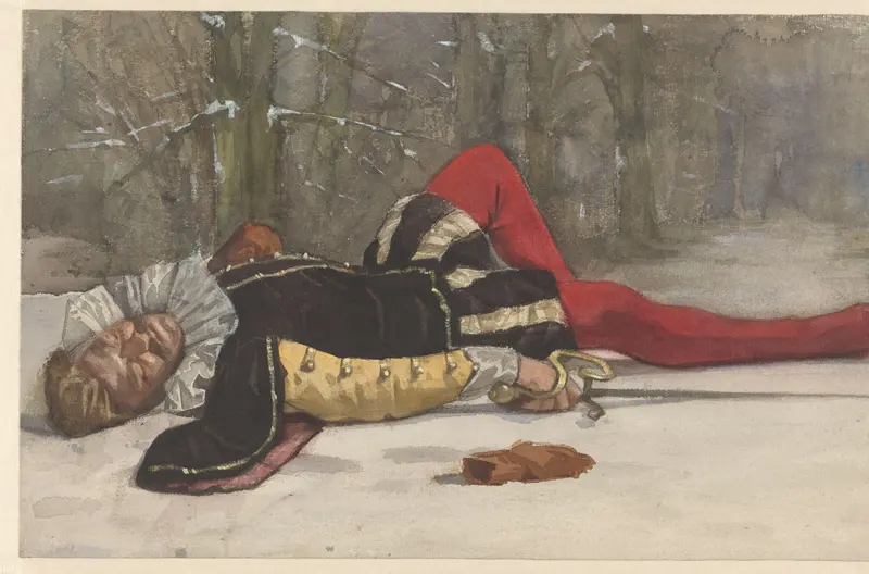 Toneelscène met getroffen duellist in een boslaan Wall Art by Willem Witsen - High-Resolution Digital Print
