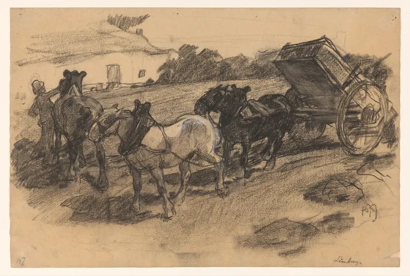 Toom van drie paarden voor een wagen op een hellend akkerland te Limburg Wall Art by Pieter de Josselin de Jong - High-Resolution Digital Print