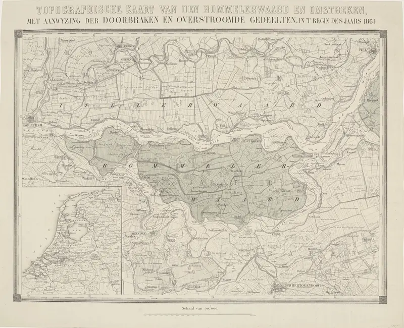 Topographische kaart van den Bommelerwaard en omstreken, met aanwyzing der doorbraken en overstroomde gedeelten, in't begin der 1861 Wall Art by Unknown - High-Resolution Digital Print