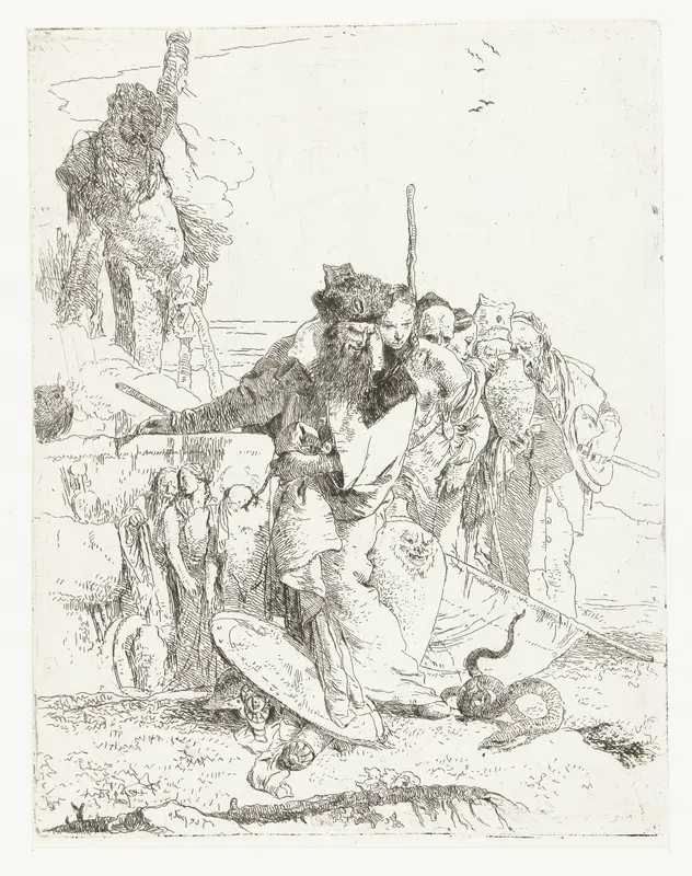 Tovenaar en andere figuren kijken naar slang Wall Art by Unknown - High-Resolution Digital Print