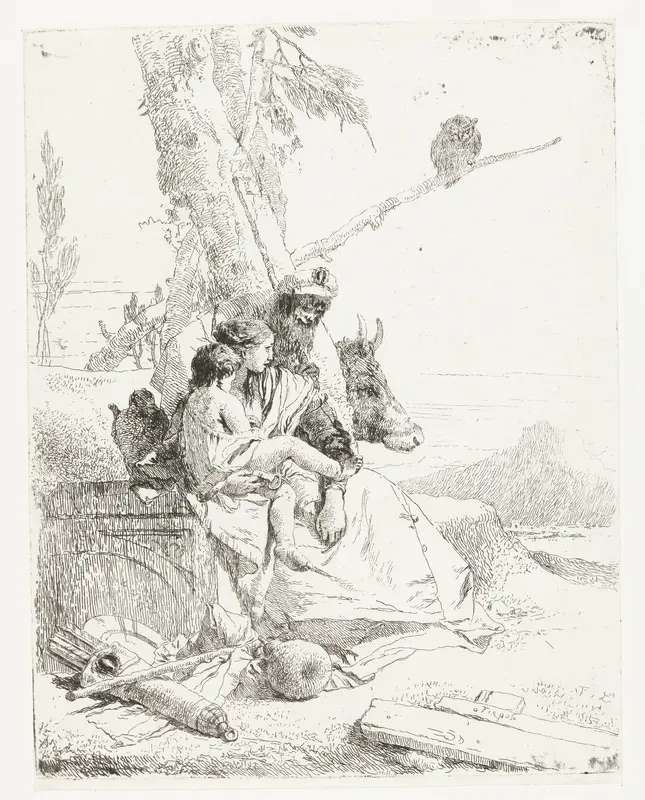Tovenaar en vrouw met kind zitten bij boom Wall Art by Unknown - High-Resolution Digital Print