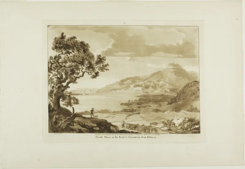 Traeth Mawr in the Road to Caernarvan from Fistiniog, plate six from Twelve Views in Wales Wall Art by Paul Sandby - High-Resolution Digital Print