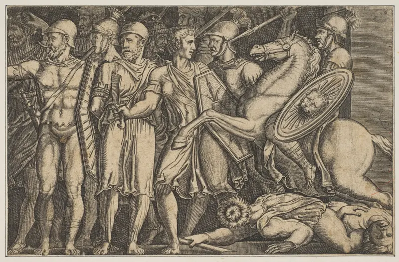 Trajan Fighting the Dacians; Trajan on horseback at right riding towards a group of soldiers at left and trampling two men
