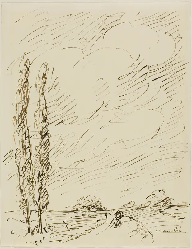 Tramp on a Road with Two Poplar Trees