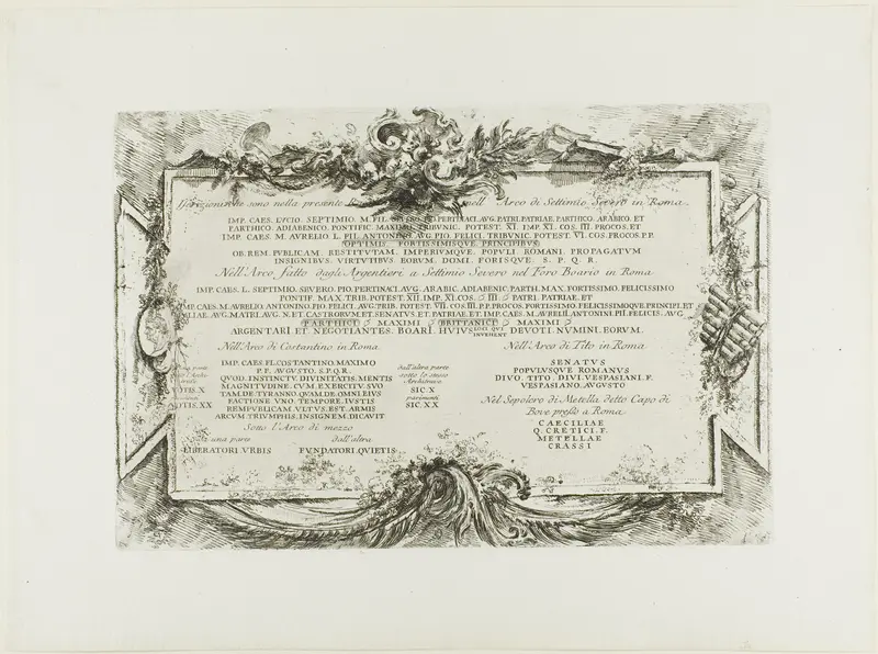 Transcription of various ancient Latin inscriptions, from Some Views of Triumphal Arches and other monuments Wall Art by Giovanni Battista Piranesi - High-Resolution Digital Print