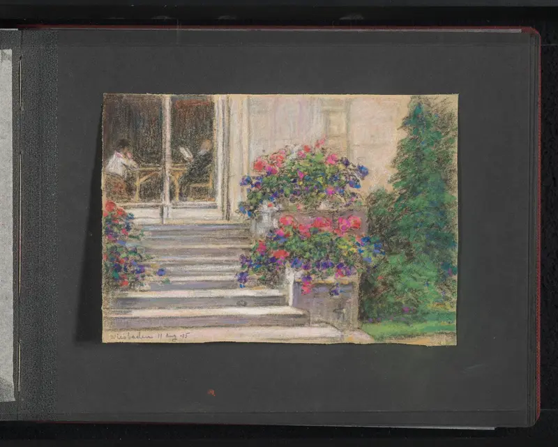 Trap met bloembakken die leidt naar een gebouw, met binnen twee mensen aan tafel, te Wiesbaden Wall Art by Carel Nicolaas Storm van 's-Gravesande - High-Resolution Digital Print