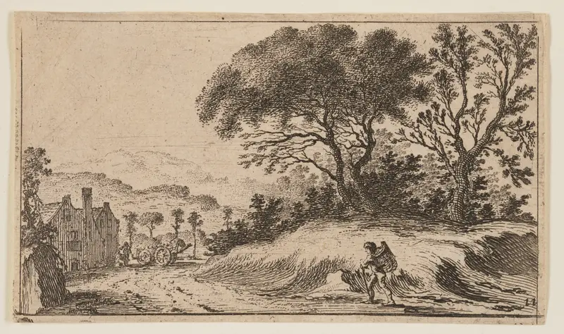 Traveler on a Path before Three Trees on a Knoll at Right, from Twelve Landscapes Wall Art by Gillis van Scheyndel - High-Resolution Digital Print