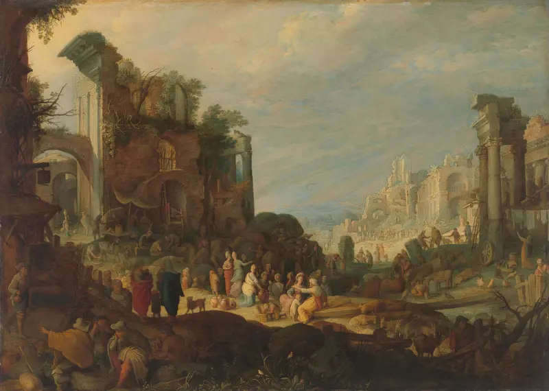 Travellers among Roman Ruins with Rebecca and Eliezer at the Well Wall Art by Unknown - High-Resolution Digital Print