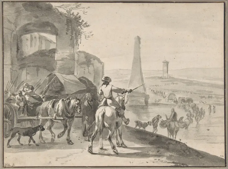 Travellers and wagons fording a river in a Southern landscape Wall Art by Hendrick Verschuring - High-Resolution Digital Print