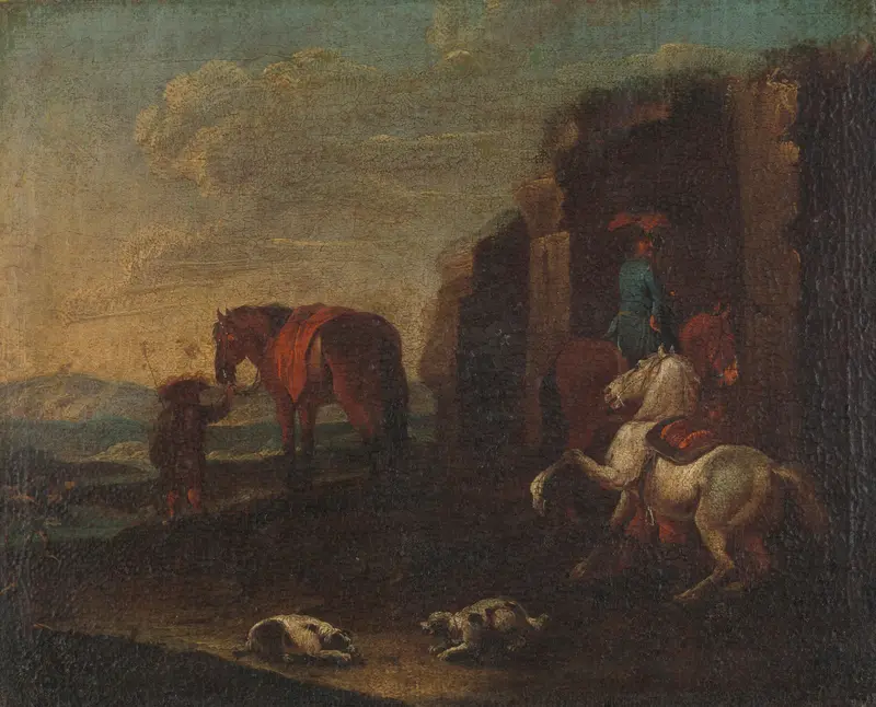 Travellers by a Ruin Wall Art by anonymous - High-Resolution Digital Print