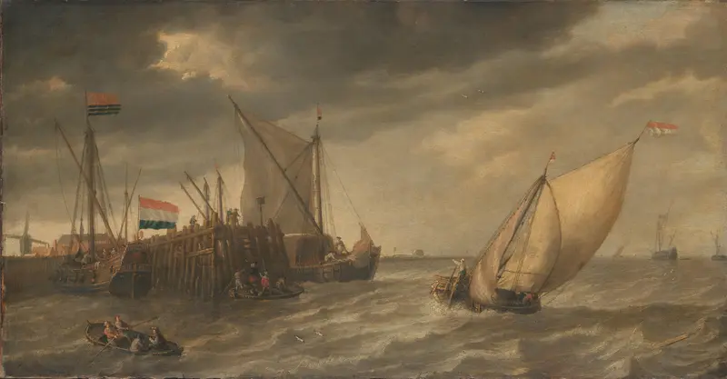 Travellers Disembarking at a Jetty on the Scheldt in Strong Winds Wall Art by Bonaventura Peeters (I) - High-Resolution Digital Print