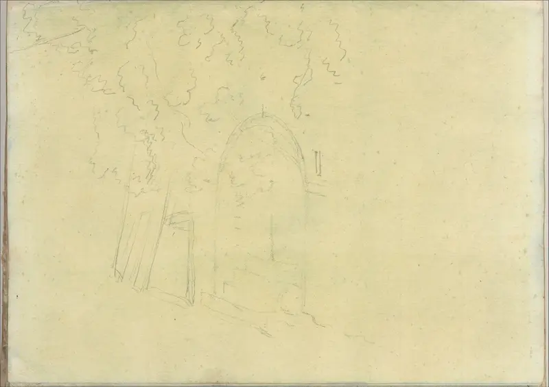 Trees next to an arched opening containing steps (Smaller Italian sketchbook, leaf 17 recto) Wall Art by Joseph Wright (Wright of Derby) - High-Resolution Digital Print