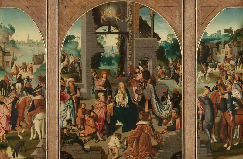 Triptych with Adoration of the Magi (center and inner wings), Saint Antony Abbot (left, outer wing) and Saint Adrian (right, outer wing) Wall Art by Unknown - High-Resolution Digital Print
