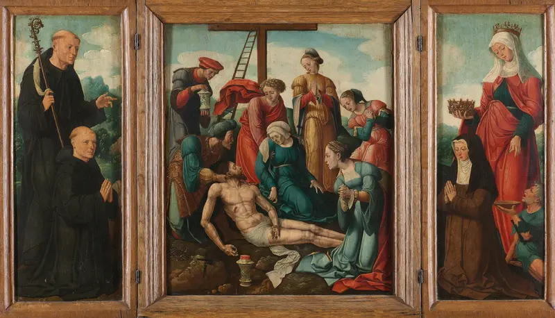 Triptych with the Lamentation of Christ (center), flanked by the male Donor with Saint Benedict (left, inner wing) and female Donor with Saint Elizabeth of Thuringia (right, inner wing) Wall Art by Unknown - High-Resolution Digital Print
