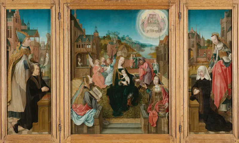 Triptych with Virgin and Child with Saints (center), male Donor with Saint Martin (left, inner wing), female Donor with Saint Cunera (right, inner wing), and the Annunciation (outer wings) Wall Art by Master of Delft - High-Resolution Digital Print