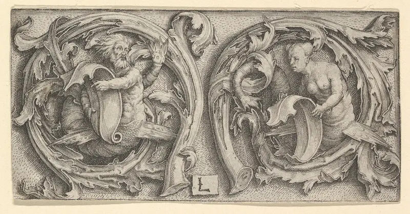 Triton and Siren in Tendrils Wall Art by Lucas van Leyden - High-Resolution Digital Print