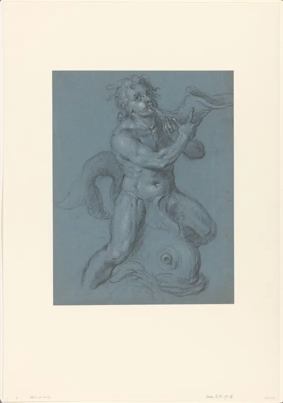 Triton blaast op zijn hoorn zittend op een dolfijn Wall Art by anonymous - High-Resolution Digital Print