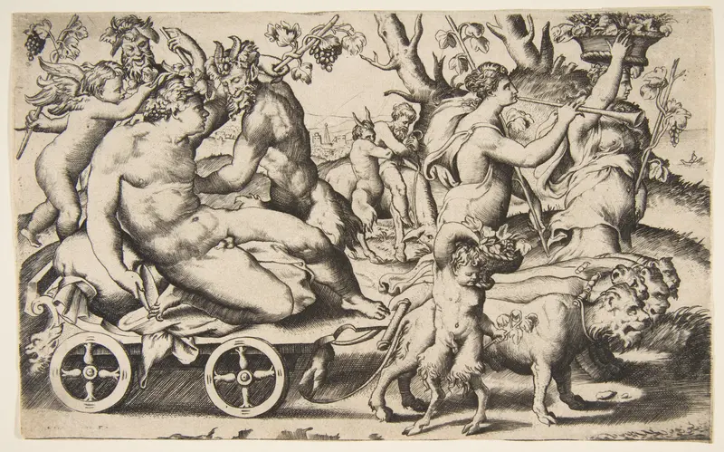 Triumph of Bacchus who is seated on a carriage at left Wall Art by Giulio Bonasone - High-Resolution Digital Print