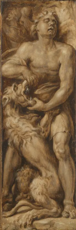 Triumph over Evil: Samson Rending the Lion | Pluto and Cerberus Wall Art by Maarten van Heemskerck - High-Resolution Digital Print